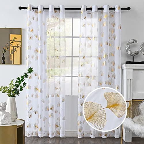 youleyar Gold Foil Print Voile Sheer Curtains, Leaves Grommet Top Window Drapes 108 Inches Long, Luxury Metallic Bronzing Treatment Panels for Home Window Decoration, 2 Panels