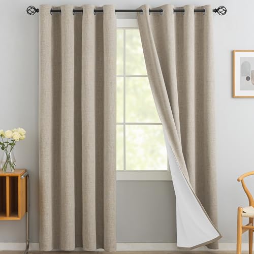 Yakamok Natural Linen Blackout Curtains 90 Inches Long - Room Darkening Textured Panels for Living Room, Thermal Grommet Bedroom, 2 Panels With Greyish White Liner