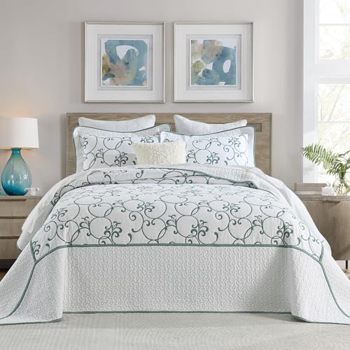 "FineStichery Oversized King Bedspread 120""x120"" - 100% Cotton California King Quilt, Embroidered Bedspread Coverlet with Pillow Shams, Lightweight Quilted Bedding Set 3 Piece, Aqua Blue/White"