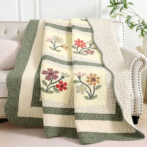 "vctops 100% Cotton Quilted Throw Blanket 50x60 Inch Floral Embroidered Reversible Patchwork All Season Throw (Green A,50""x60"")"