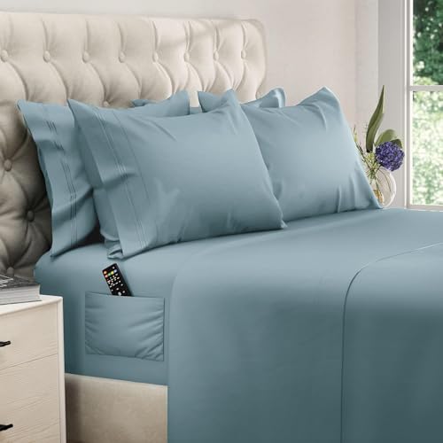 "DREAMCARE King Size Sheets Set - 6 pcs Breathable Cooling Bed Sheets - up to 21"" Extra Deep Pocket King Sheet Set with Side Pockets - Extra Soft 100% Brushed Hypoallergenic Hotel Luxury Bedding M-Blue"