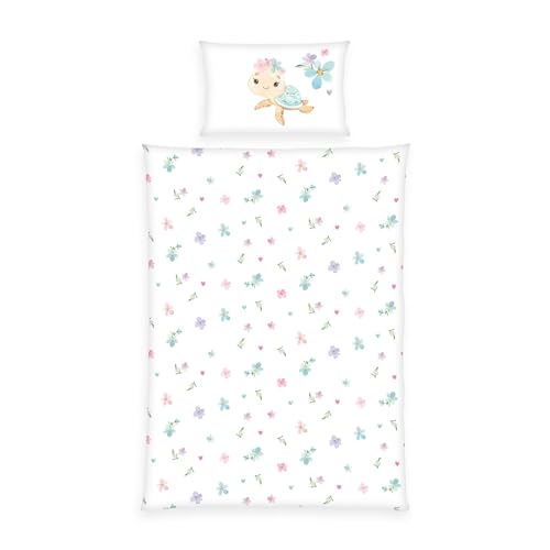 Herding Babybest Little Turtle Winter Bed Linen, Pillowcase 40 x 60 cm with Envelope Closure, Duvet Cover 100 x 135 cm, with Zip, 100% Cotton/Flannel, White