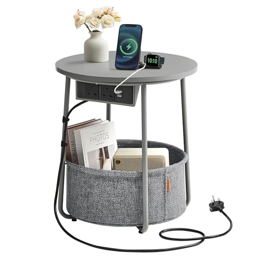 VASAGLE Side Table with Charging Station, Round End Table with Power Outlets, USB Ports, Fabric Basket, Living Room, Bedroom, Bedside Table, Modern, Dove Grey and Slate Grey LET228G03