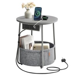 VASAGLE Side Table, Round End Table with Fabric Basket, for Living Room Bedroom, Contemporary Style, Slate Grey and Lead Grey LILEA Collection LET228G03V1