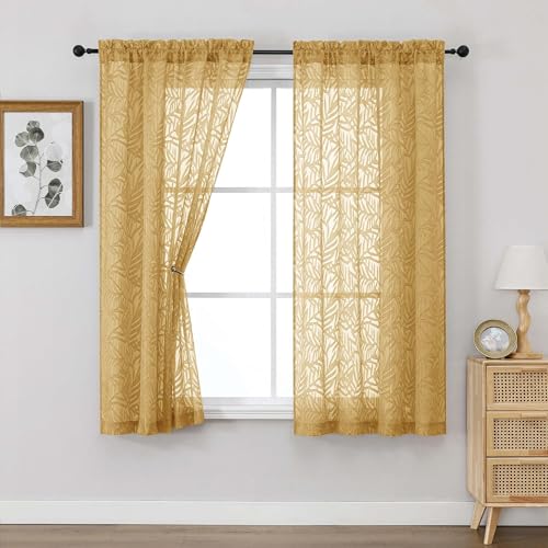 OVZME Gold Sheer Curtains 63 Inch Length 2 Panel Set, Light Filtering Bedroom Curtains with Dual Rod Pocket Top, Leaf Clip Jacquard Sheer Farmhouse Window Drapes for Living Room, 2x42Wx63L Inches