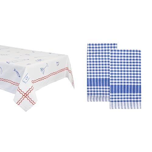 Talking Tables White Fabric Tablecloth & Blue Gingham Tea Towels 2pk Table Linen Bundle