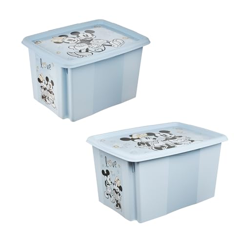 keeeper Karolina 2 x Mickey Storage Box with Lid, Rotating and Stackable, for Children, 30 L + 45 L, Cloudy Blue