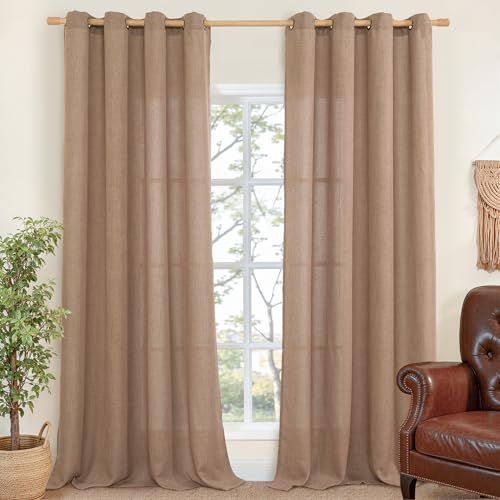 YoungsTex Extra Long Linen Curtains 102 Inch Length for Living Room, Light Filtering Drapes Semi Sheer with Bronze Grommet for Bedroom Farmhouse Country, Mocha, 2 Panels, 52 X 102 Inch
