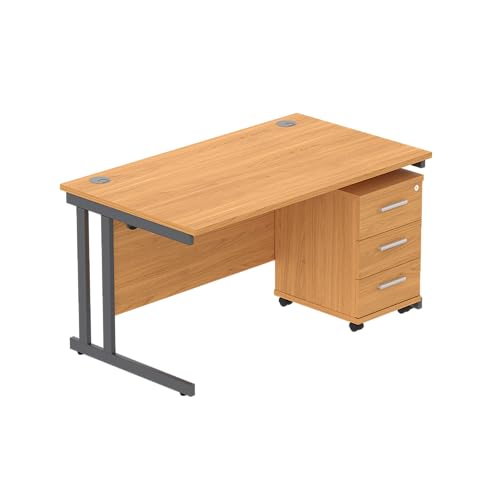 Office Hippo Heavy Duty Contract Grade Office Desk Workstation and Lockable 3-Drawer Pedestal Set, 120kg Weight Tolerance, 5-Year Warranty, FSC Certified, Norwegian Beech, Graphite Legs, 1400 x 800mm
