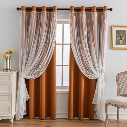 Anytime Home Curtains Blackout and Sheer Layered Solid Window Curtain Panel Pair with Grommet Top, 52Wx72L,Orange