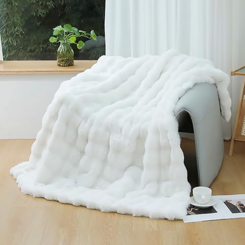 UKELER White Plush Furry Throw Blanket Super Soft Cozy Warm Blanket for Bed, Couch, Sofa, Office, Camping Shaggy Faux Fur Blanket Gift for Women, Men 50''x60''