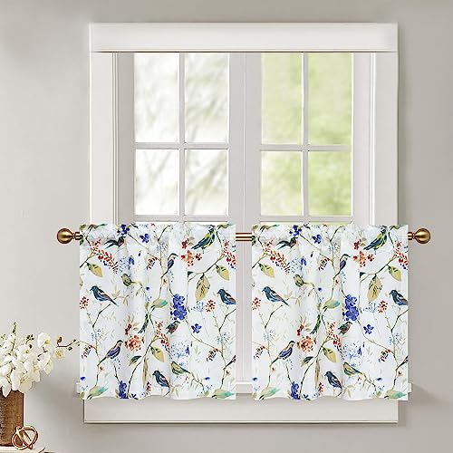 Leeva Bird Pattern Printed Small Window Curtain Panels, 24 Inch Length Sets Bird and Floral Pattern Design Short Small Curtains for Bedroom Living Room, 2 Panels, Rod Pocket
