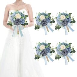 HOMENERGY Set of 4 Bridesmaid Bouquets for Wedding - Artificial Flowers Bouquets for Bridesmaids Small Floral Ceremony Anniversary Centerpieces Decorations - Dusty Blue and White，7 Inch