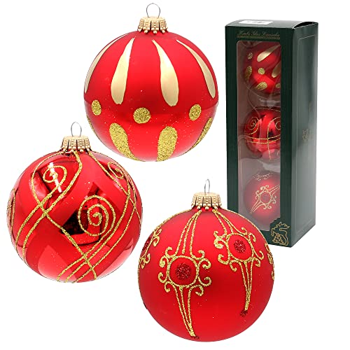 Lauschaer Christmas Tree Decorations Set of 3 Christmas Tree Baubles in Red Shine and Matte, Mouth-Blown and Hand-Decorated with Various Designs, with Gold Crowns, Diameter Approx. 8 cm