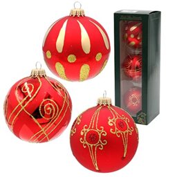 Lauschaer Christmas Tree Decorations Set of 3 Christmas Tree Baubles in Red Shine and Matte, Mouth-Blown and Hand-Decorated with Various Designs, with Gold Crowns, Diameter Approx. 8 cm