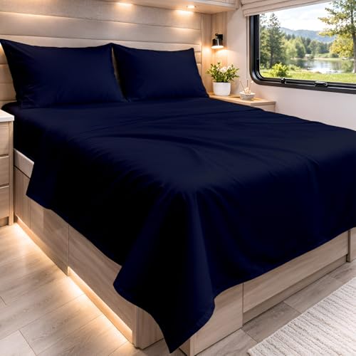 "Cottington Lane RV Bunk Sheets 100% Egyptian Cotton, RV Bunk 42"" x 80"" Premium Quality 4 Piece Sheet Set for Campers & Motorhomes, High Thread Count Navy Blue Solid with 6-10"" Deep Pocket"