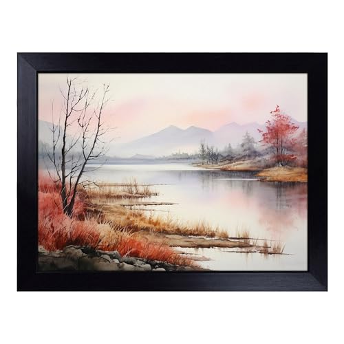 Lap Tray with Bean Bag Cushion, Lake Watercolour - Handmade in the UK, Raised Wooden Edge, Padded Cushion, Heat-Resistant Wipe-Clean Surface, for Meals, Laptops and Crafts