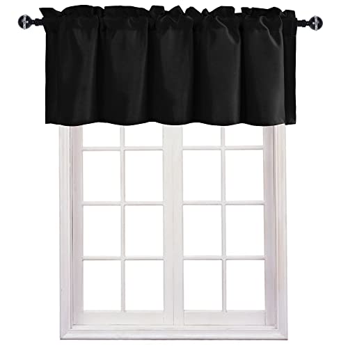 JIUZHEN Valance Curtains for Kitchen/Living Room/Basement/Bathroom Window, Thermal Insulated Short Rod Pocket Curtain Panels, Black, 60 x 18 Inches, 1 Panel
