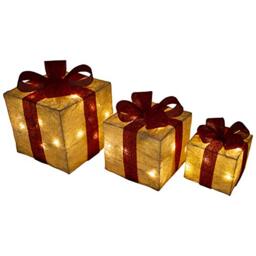 Cream & Red Light Up Christmas Parcels Pre-Lit Battery Operated LED Glitter Sisal Xmas Presents Holiday Home Novelty Decorations Set of 3
