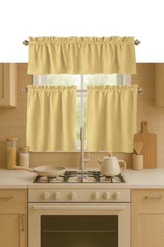 Softopia Cotton 3 Pieces Window Curtain Tiers and Valance Set- 100% Cotton Half Short Window Curtains 2 Tiers & 1 Valance Farmhouse Vintage Curtains for Kitchen Bathroom Living Room - Pale Yellow
