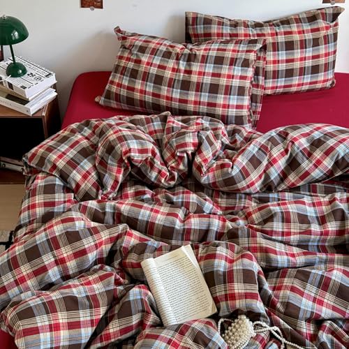 Vintage Red Brown Buffalo Plaid Duvet Cover Queen 3 Pieces 100% Washed Cotton Plaid Bedding Set Breathable Soft Grid Checkered Pattern Comforter Cover Farmhouse Gingham Duvet Cover with Zipper Closure