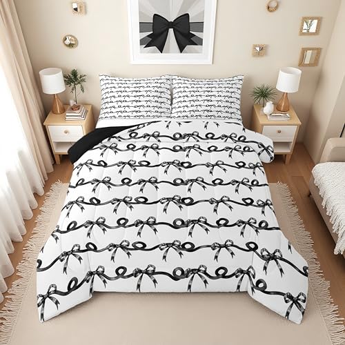 Erosebridal Black Bow Tie King Comforter Set for Girls - Black and White Bows Striped Bedding Sets for Kids Teen, Cute Kawaii Preppy Bowtie Bed Set, Coquette Room Decor, 2 Pillowcases