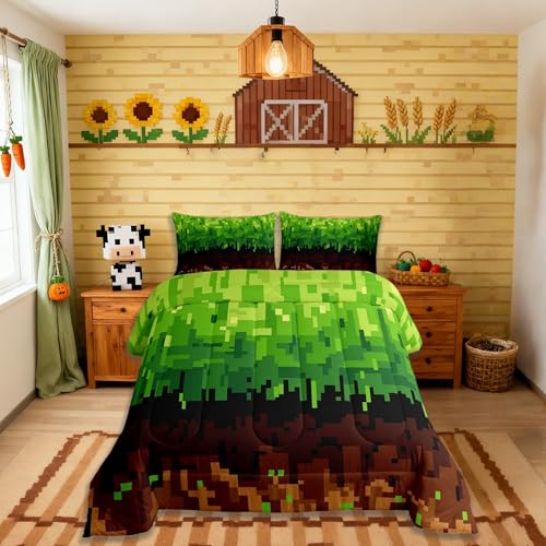 Manfei Pixelated Kids Comforter Set Queen Size,Patchwork Grid Video Games Bedding Set,Boys Room Decor,Miners Lattice Simple Quilt Comforter,Brown Green Duvet Set Bedroom Quilt Set,2 Pillowcases