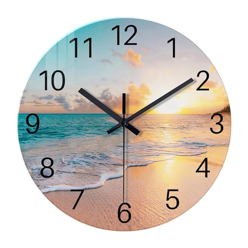 Constantplanet Beach Wall Clocks Battery Operated 16 Inches or Larger - Wall Clock Silent Analog Glass Blue Clocks for Living Room Bedroom Bathroom Kitchen Office Decor