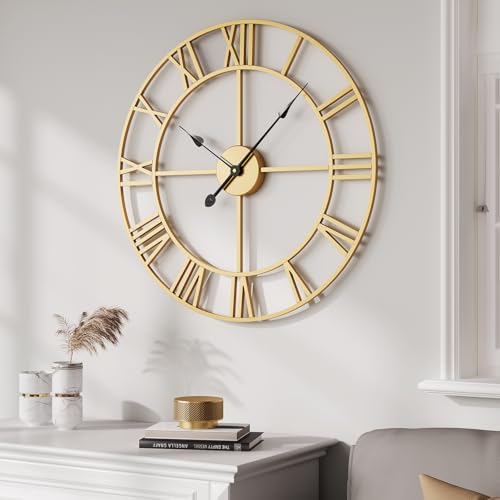 Wall Clock Large Gold Clocks 20 Inch, Silent Non-Ticking Battery-Operated Modern Metal Round Wall Clock Decorative for Living Room, Kitchen, Mantel - Roman Numerals