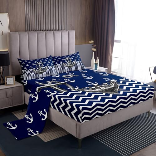 Nautical Anchor Sheet Set Queen Size Navy Blue White Geometric Stripes Bedding Set 4Pcs Kids Boys Teens Room Decor Abstract Ocean Waves Bed Sheet Sea Adventure Fitted + Flat Sheet,2 Pillowcases