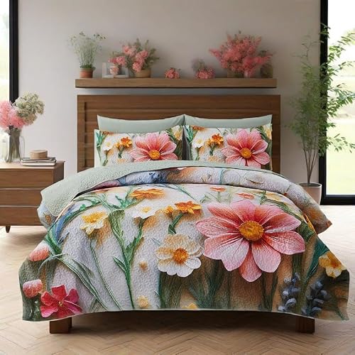 WHWODIDE Floral Patchwork Quilt Set Queen 3 Pcs Green Flower Pattern Bedspread Comforter Soft Lightweight Microfiber Bedding Set with 2 Pillow Shams for All Season (Daisy Pink, Queen)