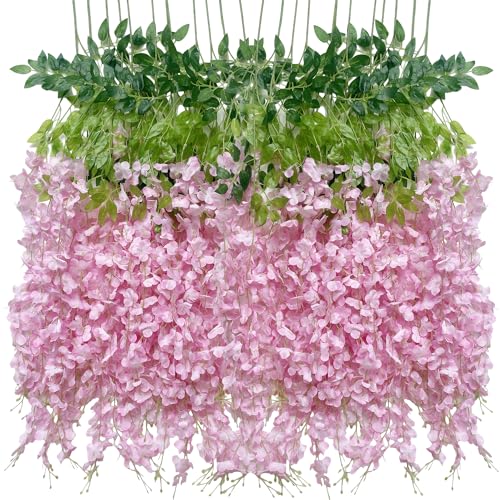 Artificial Flowers Hanging Flowers, Fake Wisteria Flower Garland Silk Vines Rattan String Decor for Home Wedding Arch Wall Garden Greenery Bedroom Outdoor Office Party Decoration (36, Light Pink)