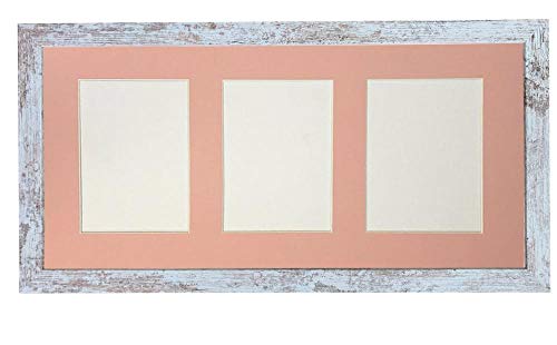 FRAMES BY POST H7 Picture Photo Frame, Distressed White Pink Mount, 21 x 10 3 Images Size 7 x 5 Inch