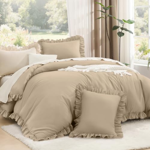 Litanika Full Comforter Set Beige, 3 Pieces Khaki Ruffle Farmhouse Aesthetic Bedding Comforter Set, Lightweight Fluffy Microfiber Bed Set (79x90In Comforter, 2 Pillowcases)