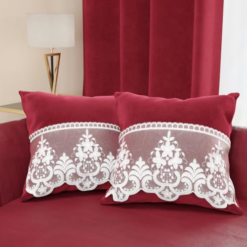 PETTI Artigiani Italiani - 2 Velvet Cushions with Rebrod?? Lace, Filling Included, 80 x 50 cm, Burgundy