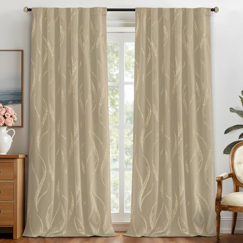 Yakamok Room Darkening Curtains 96 Inches Long 2 Panels for Living Room Thermal Insulated Blackout Drapes with Dots Gold for Bedroom, Back Tab Top (52W x 96L Inch, Set of 2, Natural)