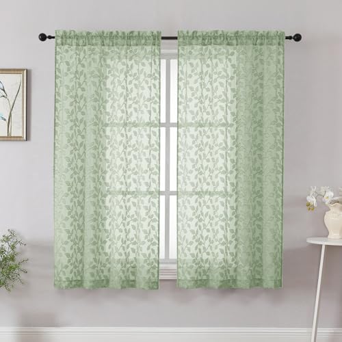"Chyhomenyc Sage Green Short Curtains 45 Inch Length 2 Panels, Light Filtering Leaf Textured Window Curtain Panels for Bedroom Living Room, Elegant Rod Pocket Farmhouse Curtains, 30"" Wx45 L, 2 PCS"