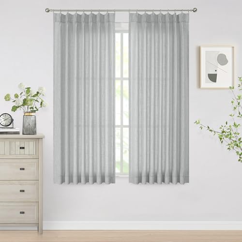 "Vision Home Gray Pinch Pleated Semi Sheer Curtains Textured Light Filtering Window Curtains 72 inches for Living Room Bedroom Silver Grey Pinch Pleat Drapes with Hooks Back Tabs 2 Panels 40"" Wx72 L"