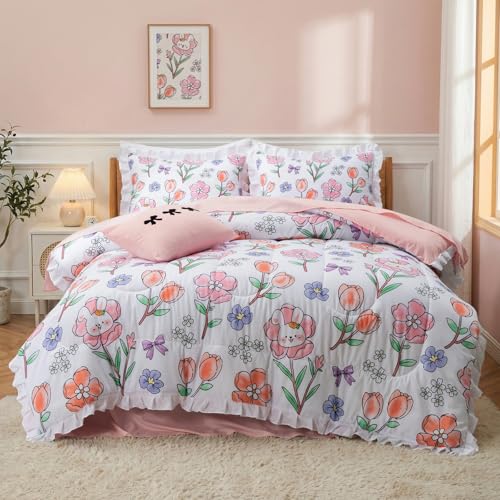 Aimuan Flower Comforter Set Cute Rabbit Bedding Set for Girls Teens, Twin Floral Kids Bedding Set Bunny Animal Comforter Set (White, Queen 6Pcs)