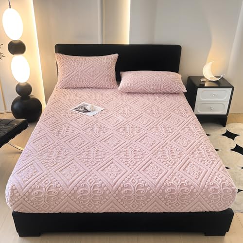 ZIQINPSQ Taffeta Velvet Jacquard Full Fitted Sheet - Luxury Bedding - Ultra-Soft, Quick-Heat, Anti-Static, 360?? Mattress Protector, Pink, No Pillowcases