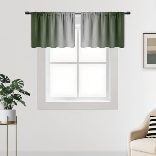 SimpleHome Sage Green Curtains Rod Pocket Valance for Kitchen, 52Wx18L - Gradient Light Blocking Curtain,Thermal Insulated Window Drapes, Room Darkening Waterproof Valances for Cafe, 2 Panels