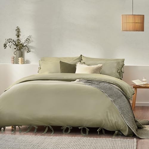 Yard Mallow Bow Tie 100% Cotton Duvet Cover Set - Single - Soft Sage