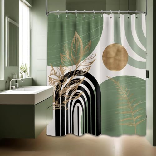 "QGHOT Sage Green Shower Curtain Boho Mid Century White and Light Green and Black Shower Curtains for Bathroom Decor, Waterproof Cloth Fabric with Hooks, 60"" W x 72"" L"
