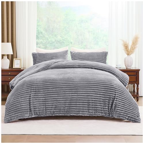 GC GAVENO CAVAILIA Ribbed Fleece Bedding Sets King Size 220x230 Cm - Super Soft Polyester King Size Duvet Cover Sets With Pillow Cases - Thermal Warm Cozy Fluffy Winter Quilt Cover Bed Set, Grey