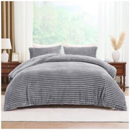 GC GAVENO CAVAILIA Ribbed Fleece Bedding Sets King Size 220x230 Cm - Super Soft Polyester King Size Duvet Cover Sets With Pillow Cases - Thermal Warm Cozy Fluffy Winter Quilt Cover Bed Set, Grey