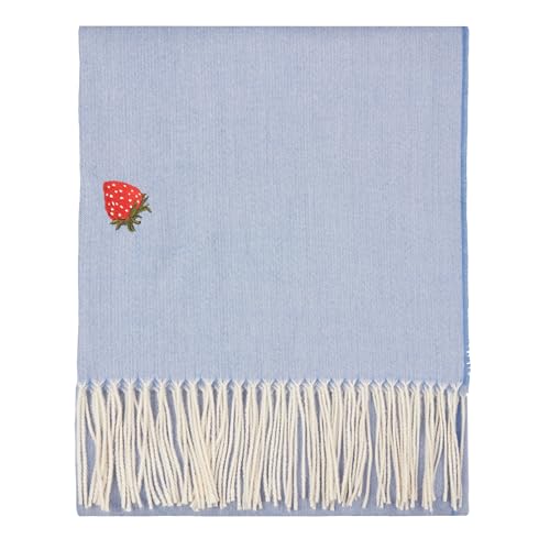 furn. Fruits Embroidered Throw – Lightweight Knitted Fringe Tasselled Blanket (Berry Sweet Blue – 130x180cm)