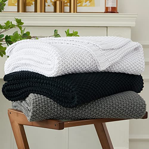 Longhui bedding Chunky Cable Knit Throw Blanket Lightweight Black 100% Organic Cotton Blanket for Sofa Couch Bed Baby Nursery, Rustic Shabby Chic Modern Farmhouse, 51” x 63” Give Laundering Bag