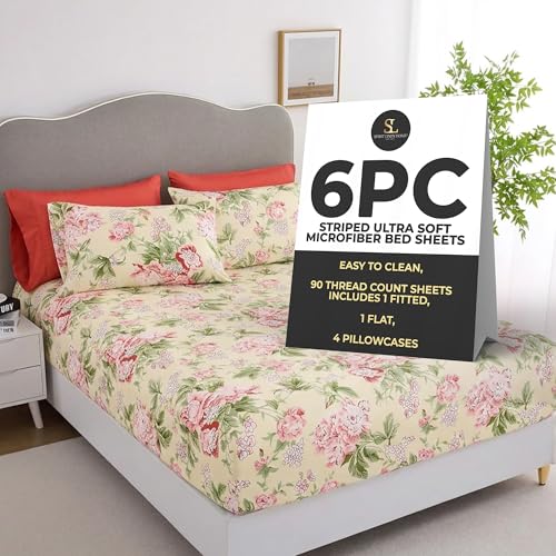 Spirit Linen Home Full Size Bed Sheets Set Deep Pockets - 6PC Floral Ultra Soft Microfiber Bed Sheets - Easy to Clean, 90 Thread Count Sheets with Fitted Sheet, Flat Sheet & Pillowcases (Rose Floral)