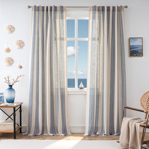 DriftAway Farmhouse Curtains for Living Room Vertical Striped Linen Curtains Semi Sheer Light Filtering Back Tab Rod Pocket Window Treatments, 96 Inches Long, 2 Panels, Jean Navy on Beige