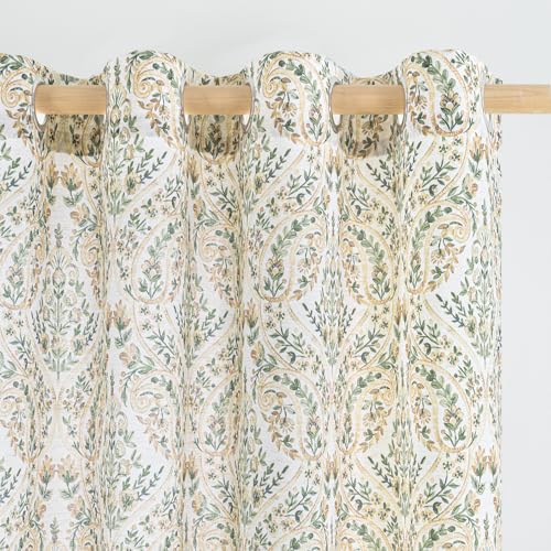BGment Champagne Boho Curtains for Living Room - Linen Leaf Paisley Floral Pattern Light Filtering French Country Grommet Window Semi Sheer Drapes for Farmhouse, 2 Panels, 52 x 96 Inch